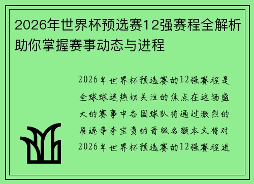 2026年世界杯预选赛12强赛程全解析助你掌握赛事动态与进程